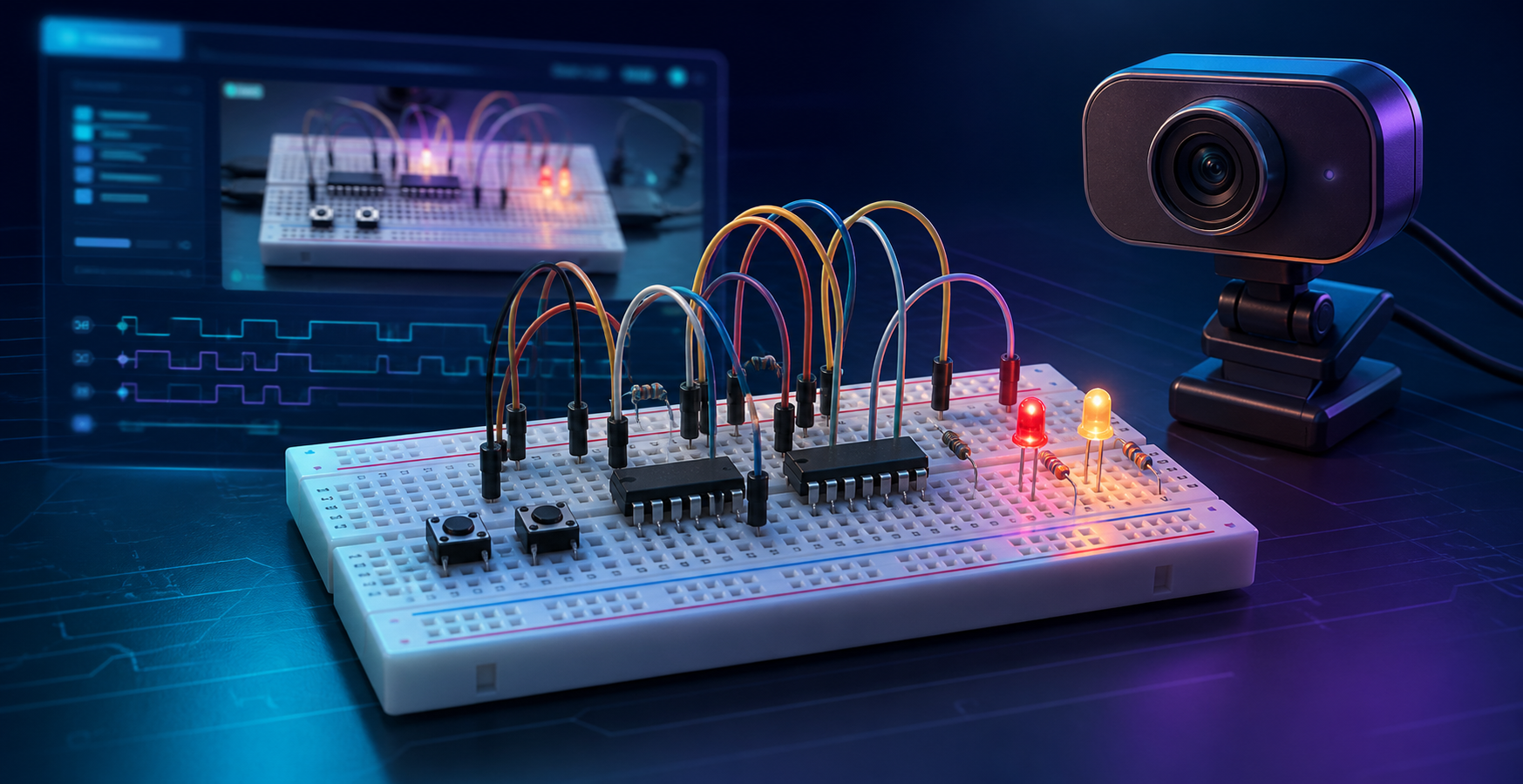 D-Latch circuit on a breadboard monitored by a webcam